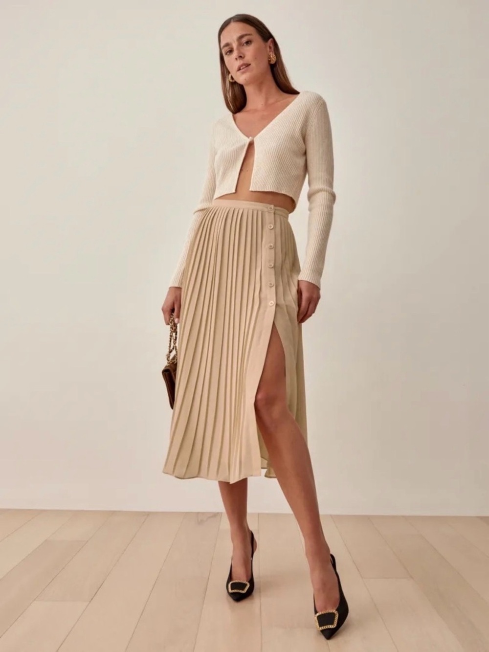 Reformation Verona Pleated Midi Skirt Small Cream Ivory Button Side Slit EUC